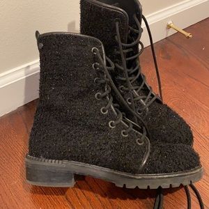 Stuart Weitzman Metermaid Tweed Glitter Lace Up Boots with Rhinestone Details